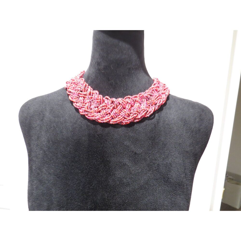 Vintage 90's Braided Seed Bead Multi-Strand Statement Collar Necklace Red EUC - Picture 2 of 4